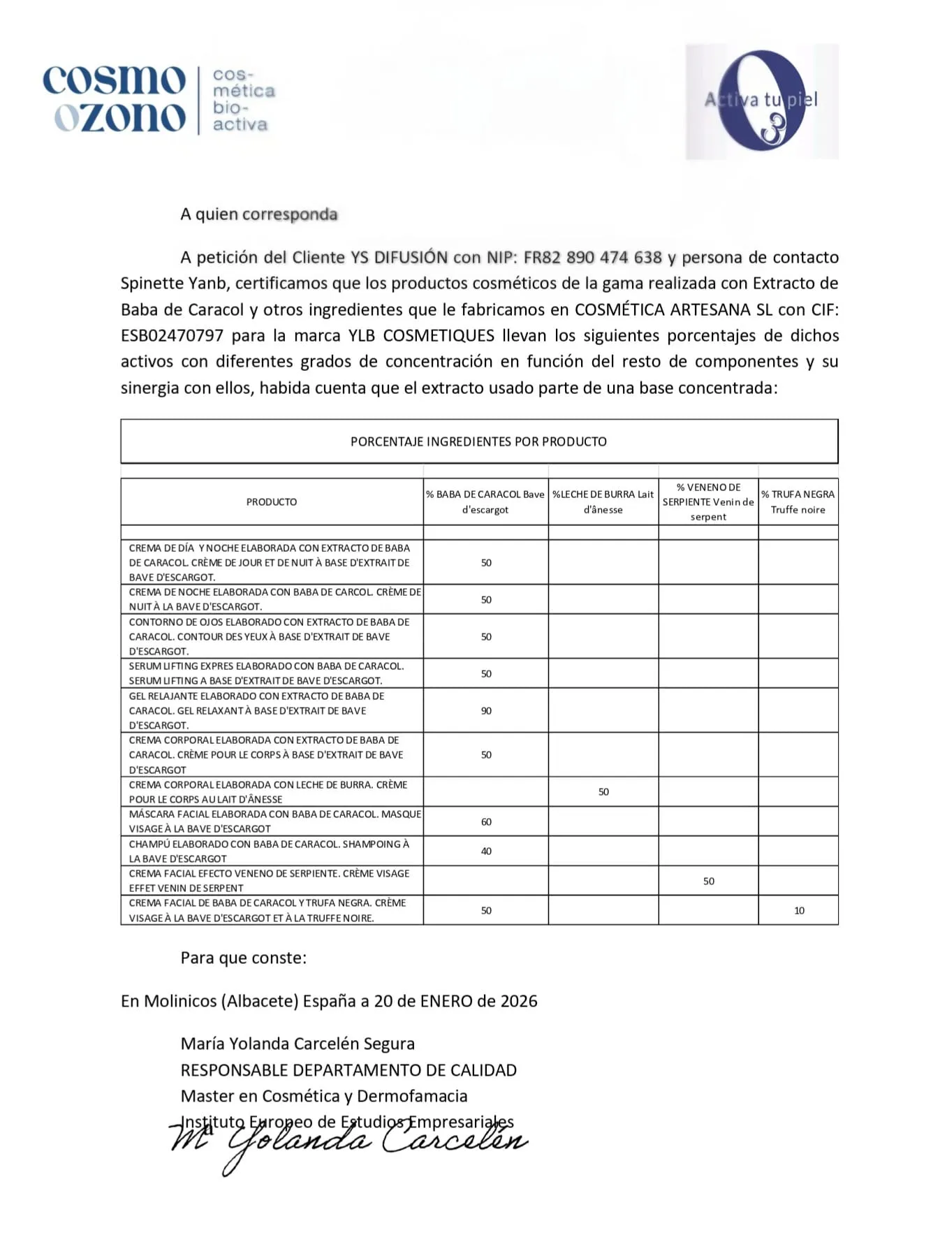 CERTIFICAT COSMETIQUES YLB