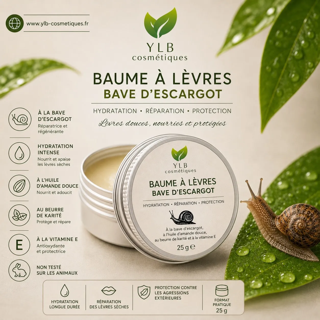Baume a levres a la bave d escargot - YLB COSMETIQUES